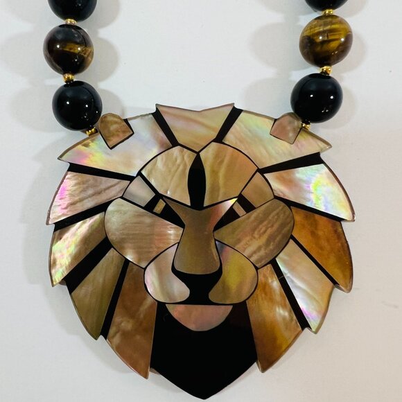 Lee Sands MOP Abalone Mosaic Lion Necklace Earrings Set on Onyx Tigers Eye Beads - Picture 2 of 8